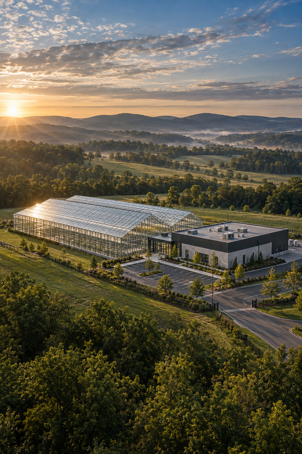 Concept illustration of a greenhouse and connected support building in rolling Virginia countryside