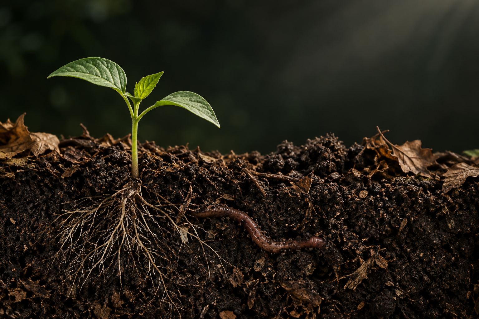 Illustration of a seedling, roots and earthworm in a soil cross section