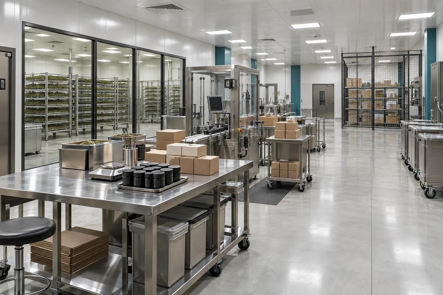 Unbuilt packaging suite concept with stainless handling benches, enclosed equipment, segregated racks and secure inventory