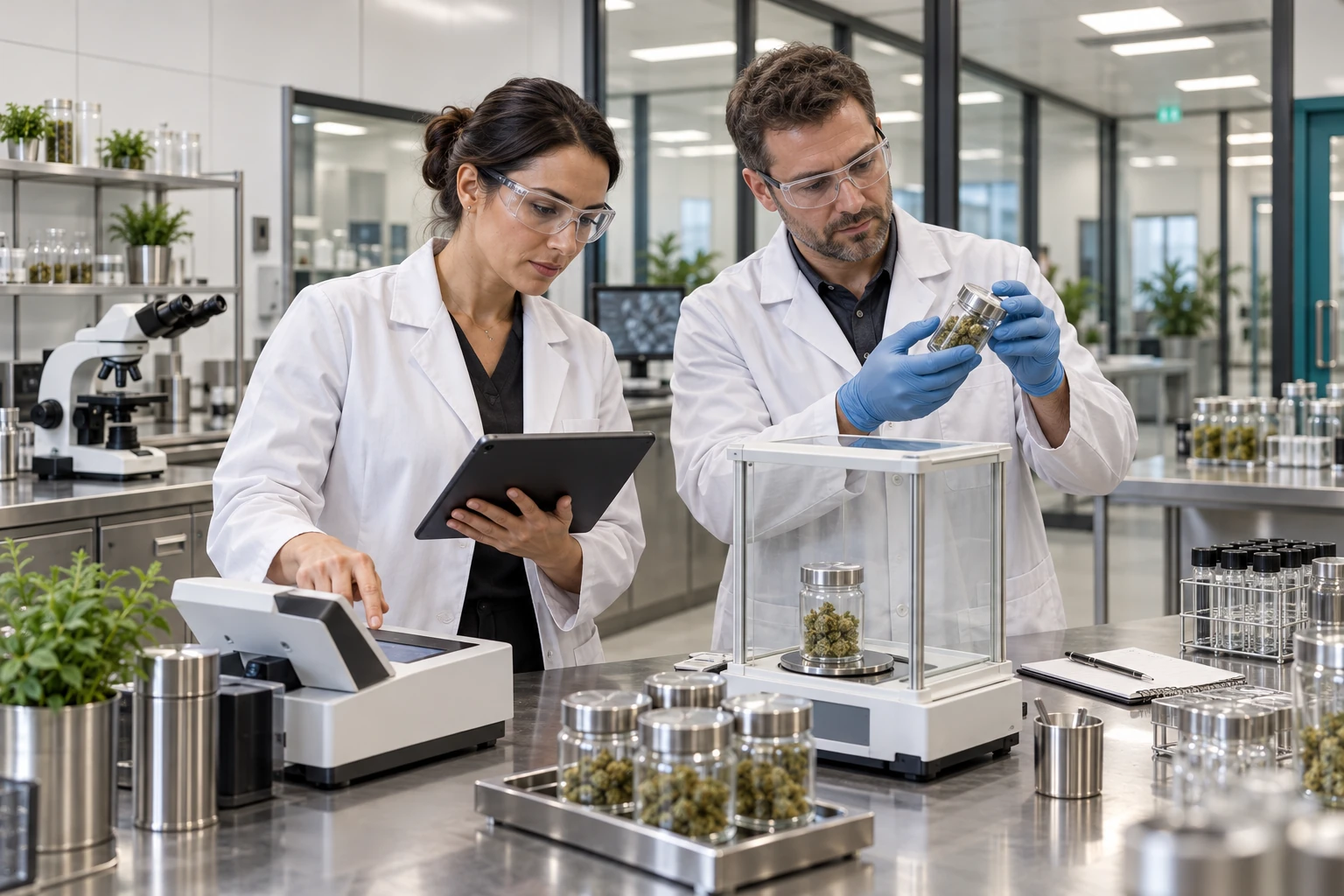 Campus Concept with a female engineer and laboratory technician inspecting instrument readings at a stainless bench